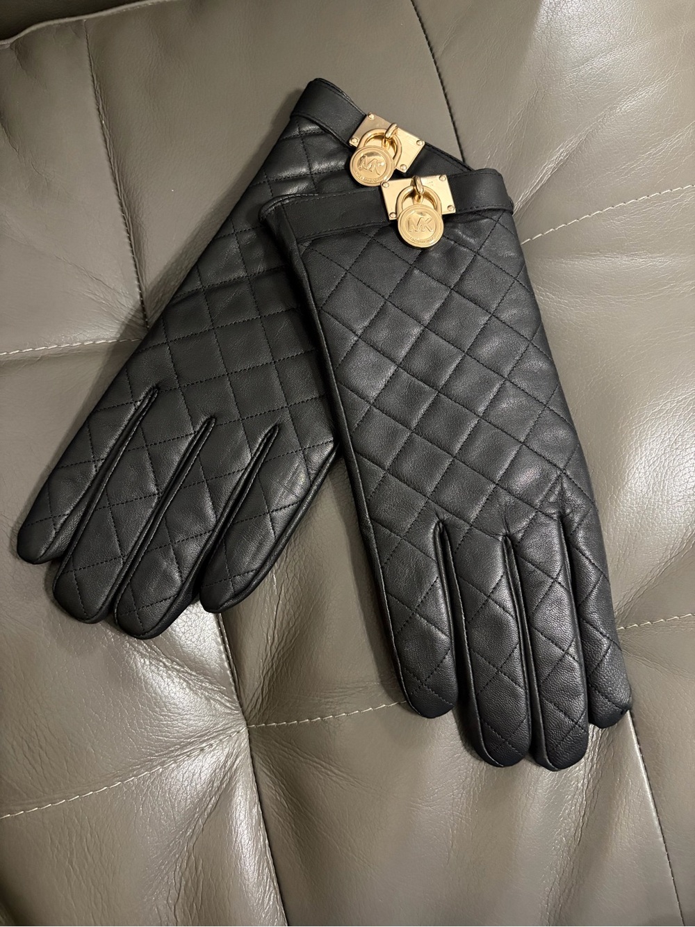 MICHAEL Michael Kors Black Quilted Leather Gloves with Gold MK Medallion